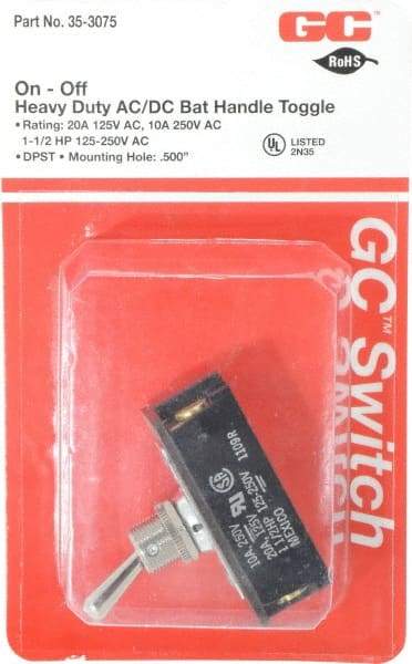 GC/Waldom - DPST Heavy Duty On-Off Toggle Switch - Screw Terminal, Bat Handle Actuator, 1-1/2 hp at 125/250 VAC hp, 125 VAC at 20 A & 250 VAC at 10 A - Americas Industrial Supply