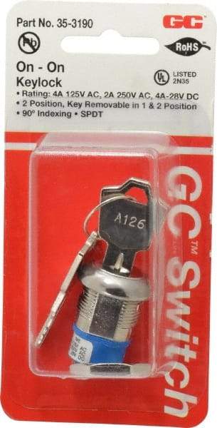 GC/Waldom - 4 Amp at 125 Volt, SPDT, 4 Tumbler Key Switch with Detent - Solder Terminal, 0.76 Inch Mount Hole Diameter, 0.931 Inch Cylinder Length, On-On Sequence - Americas Industrial Supply