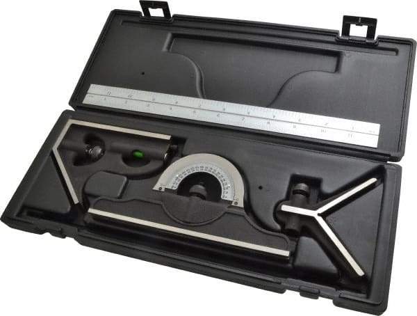 TESA Brown & Sharpe - 4 Piece, 12" Combination Square Set - 1/16, 1/32, 1/64 & 1/8" (4R) Graduation, Hardened Steel Blade, Hardened Steel Center, Protractor & Square Head - Americas Industrial Supply