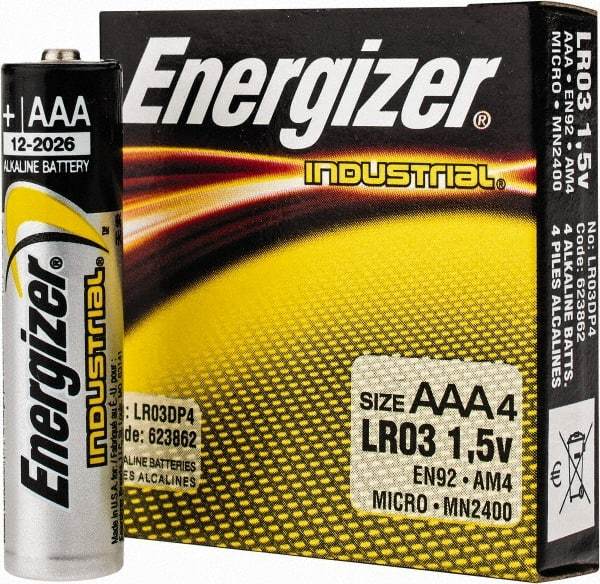 Energizer - Size AAA, Alkaline, 4 Pack, Standard Battery - 1.5 Volts, Button Tab Terminal, LR03, ANSI, IEC Regulated - Americas Industrial Supply