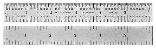 PEC Tools - 36" Long, 1/100, 1/64, 1/32, 1/10" Graduation, Rigid Steel Rule - 5R Graduation Style, 1-1/4" Wide, Silver, Satin Chrome Finish - Americas Industrial Supply