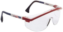 Uvex - Clear Lenses, Framed Safety Glasses - Anti-Fog, Scratch Resistant, Red/White/Blue Plastic Frame, Adjustable Temples, Size Universal, Wrap Around - Americas Industrial Supply