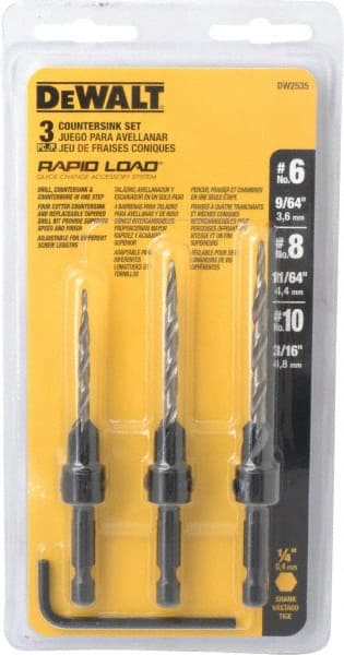 DeWALT - 3 Piece, 0.13 to 0.19" Head Diam, 77 to 83° Included Angle, Single End Countersink Set - Americas Industrial Supply