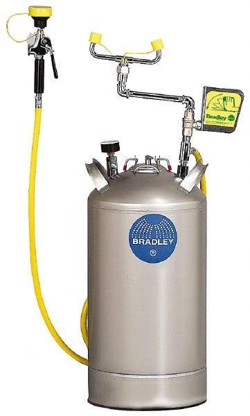 Bradley - 10 Gallon, 0.4 GPM Flow Rate at 30 PSI, Pressurized with Drench Hose Stainless Steel, Portable Eye Wash Station - 15 Min Duration, 25-1/4 Inch High - Americas Industrial Supply