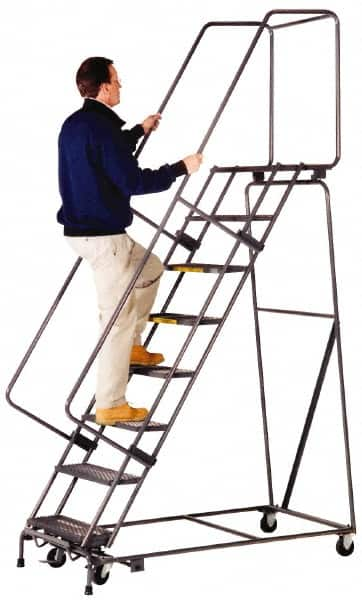 Ballymore - 103" 7 Step Ladder - Lock Step Rolling Safety Ladder, 450 Lb Capacity, 70" Platform Height, 24" Base Width x 55" Depth, Expanded Metal Tread - Americas Industrial Supply