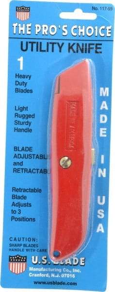 Made in USA - Retractable Utility Knife - Die Cast Aluminum (Color) Aluminum Handle, 3 Blades Included - Americas Industrial Supply