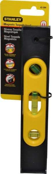 Stanley - Magnetic 9" Long 3 Vial Torpedo Level - ABS Plastic, Black/Yellow, 1 45°, 1 Level & 1 Plumb Vials - Americas Industrial Supply