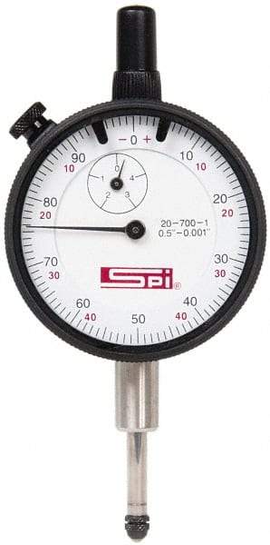 SPI - 1/2" Range, 0-100, 0-50-0 Dial Reading, 0.001" Graduation Dial Drop Indicator - 2-1/4" Dial, 0.1" Range per Revolution, Revolution Counter, Includes NPL Traceability Certification - Americas Industrial Supply