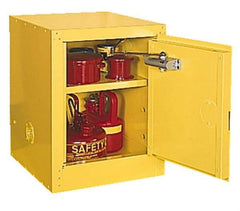 Eagle - 1 Door, 1 Shelf, Yellow Steel Space Saver Safety Cabinet for Flammable and Combustible Liquids - 44" High x 23" Wide x 18" Deep, Manual Closing Door, 3 Point Key Lock, 16 Gal Capacity - Americas Industrial Supply