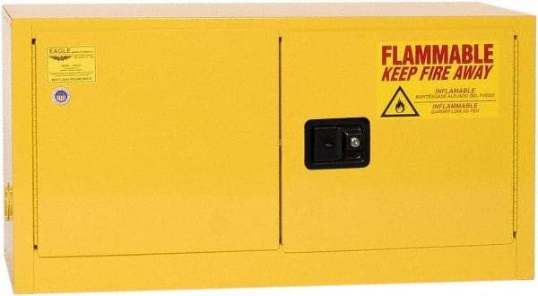 Eagle - 2 Door, Yellow Steel Stackable Safety Cabinet for Flammable and Combustible Liquids - 22-1/4" High x 43" Wide x 18" Deep, Manual Closing Door, 3 Point Key Lock, 15 Gal Capacity - Americas Industrial Supply