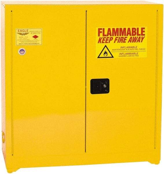 Eagle - 2 Door, 3 Shelf, Yellow Steel Standard Safety Cabinet for Flammable and Combustible Liquids - 44" High x 43" Wide x 18" Deep, Manual Closing Door, 3 Point Key Lock, 40 Gal Capacity - Americas Industrial Supply