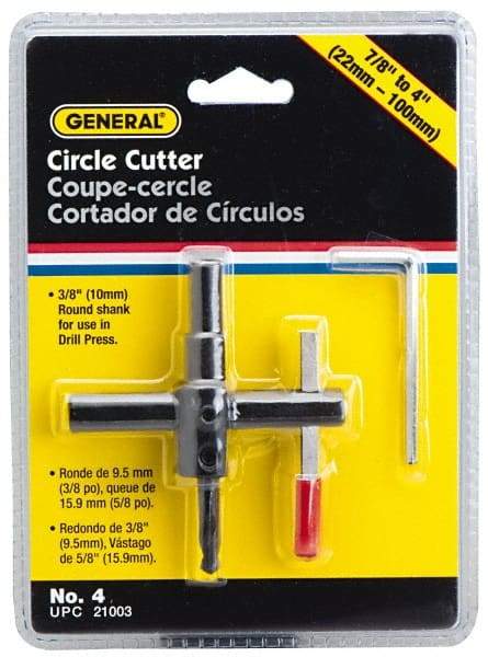 General - 7/8 to 4" Cutting Diam, Circle Cutter Tool - Straight Shank, 3/8" Shank Diam - Americas Industrial Supply