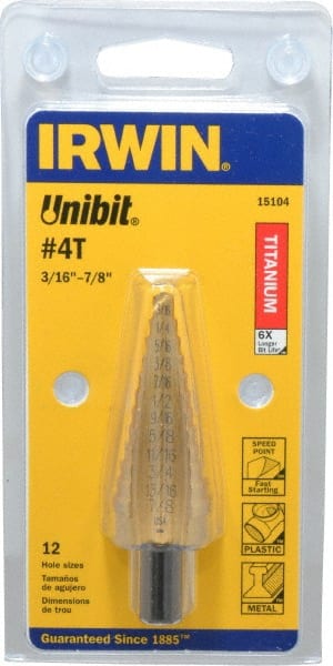 Irwin - 12 Hole Sizes, 3/16 to 7/8" Hole Diam High Speed Steel Speedpoint Step Drill Bit - Americas Industrial Supply