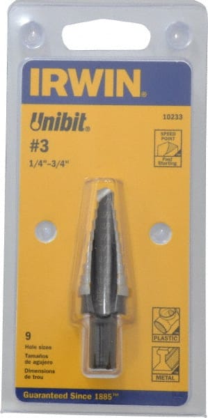 Irwin - 9 Hole Sizes, 1/4 to 3/4" Hole Diam High Speed Steel Speedpoint Step Drill Bit - Americas Industrial Supply