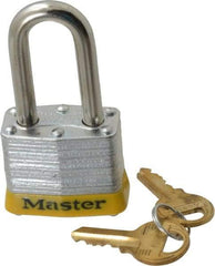 Master Lock - Keyed Alike Retaining Key Conductive Lockout Padlock - 1-1/2" Shackle Clearance, 9/32" Shackle Diam, 1-1/4" Body Height x 1-9/16" Body Width, Yellow, 4 Pins - Americas Industrial Supply