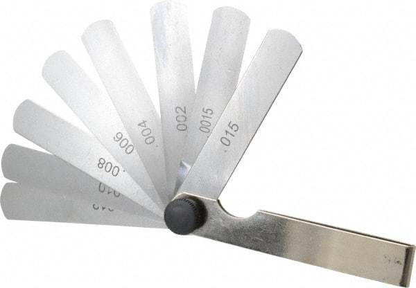 Value Collection - 9 Piece, 0.0015 to 0.015" Thick, Parallel Feeler Gage Set - 3" Leaf Length, 1/2" Wide, Tempered Steel - Americas Industrial Supply