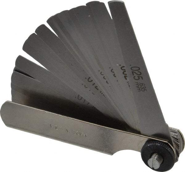 PEC Tools - 26 Piece, 0.0015 to 0.025" Thick, Tapered Feeler Gage Set - 3" Leaf Length, 0.3333" Wide, Tempered Steel - Americas Industrial Supply