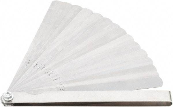 Value Collection - 15 Piece, 0.002 to 0.025" Thick, Feeler Gage Set - 6" Leaf Length, 1/2" Wide, Tempered Steel - Americas Industrial Supply