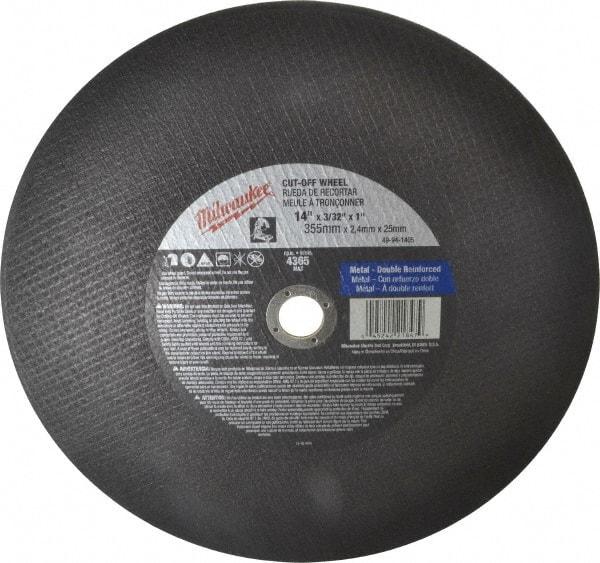 Milwaukee Tool - 14" 36 Grit Aluminum Oxide Cutoff Wheel - 3/32" Thick, 1" Arbor, 4,365 Max RPM, Use with Angle Grinders - Americas Industrial Supply