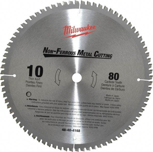 Milwaukee Tool - 10" Diam, 5/8" Arbor Hole Diam, 80 Tooth Wet & Dry Cut Saw Blade - Carbide-Tipped, General Purpose & Straight Action, Standard Round Arbor - Americas Industrial Supply