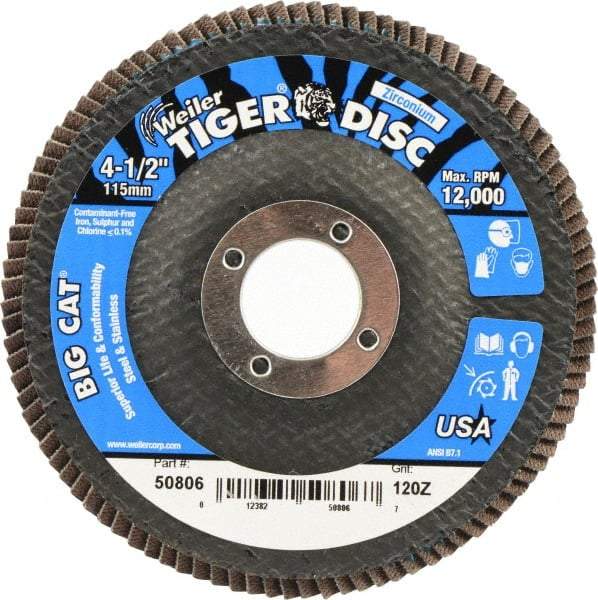 Weiler - 120 Grit, 4-1/2" Disc Diam, 7/8" Center Hole, Type 27 Zirconia Alumina Flap Disc - 12,000 Max RPM, Phenolic Backing, Arbor Attaching System, Coated - Americas Industrial Supply