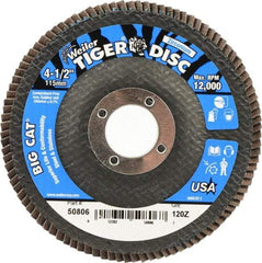 Weiler - 120 Grit, 4-1/2" Disc Diam, 7/8" Center Hole, Type 27 Zirconia Alumina Flap Disc - 12,000 Max RPM, Phenolic Backing, Arbor Attaching System, Coated - Americas Industrial Supply
