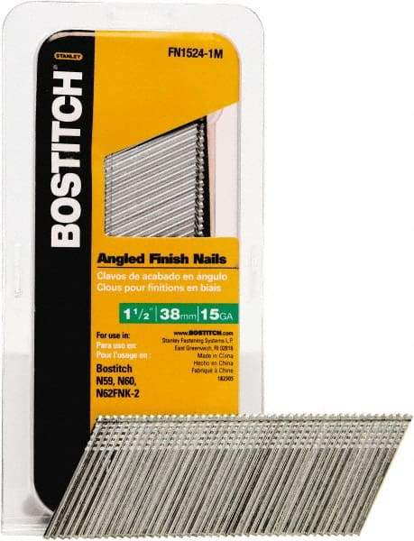 Stanley Bostitch - 15 Gauge 0.07" Shank Diam 1-1/2" Long Finishing Nails for Power Nailers - Steel, Bright Finish, Smooth Shank, Angled Stick Adhesive Collation, Round Head, Chisel Point - Americas Industrial Supply