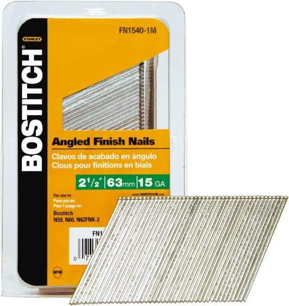 Stanley Bostitch - 15 Gauge 0.07" Shank Diam 2-1/2" Long Finishing Nails for Power Nailers - Steel, Bright Finish, Smooth Shank, Angled Stick Adhesive Collation, Round Head, Chisel Point - Americas Industrial Supply