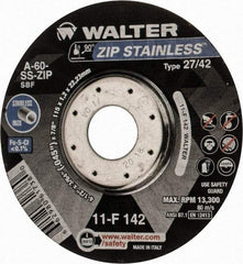 WALTER Surface Technologies - 60 Grit, 4-1/2" Wheel Diam, 3/64" Wheel Thickness, 7/8" Arbor Hole, Type 27 Depressed Center Wheel - Aluminum Oxide, Resinoid Bond, 13,300 Max RPM - Americas Industrial Supply