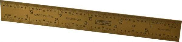 Fowler - 6" Long, 1/64, 1/32, 1/16, 1/8" Graduation, Rigid Steel Rule - 4R Graduation Style, 3/4" Wide, Yellow, Titanium Finish - Americas Industrial Supply