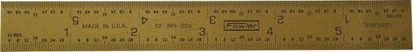 Fowler - 6" Long, 1/64, 1/32" and 0.5, 1mm Graduation, Rigid Steel Rule - English/Metric Graduation Style, 1/2" Wide, Yellow, Titanium Finish - Americas Industrial Supply