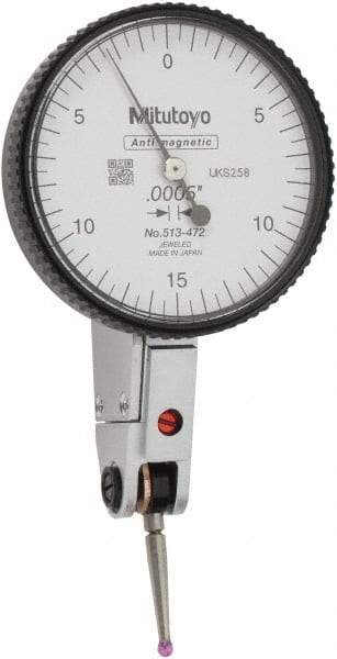 Mitutoyo - 0.03 Inch Range, 0.0005 Inch Dial Graduation, Horizontal Dial Test Indicator - 1.54 Inch White Dial, 0-15-0 Dial Reading, Accurate to 0.0005 Inch - Americas Industrial Supply