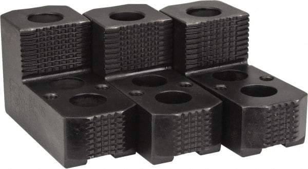 H & R Manufacturing - 10 to 11" Chuck Diam Compatibility, Case Hardened Steel 1.5mm x 60° Serrated Hard Lathe Top Jaws - 1 Step, 0.63" Groove Width, 1-3/4" Wide x 4-1/4" Long x 2-15/32" High - Americas Industrial Supply