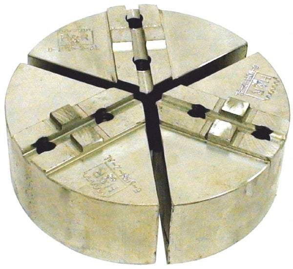 H & R Manufacturing - 10" Chuck Capacity, Tongue & Groove Attachment, Round Soft Lathe Chuck Jaw - 3 Jaws, Aluminum, 2-1/8" Btw Mount Hole Ctrs, 5" Long x 10" Wide x 4" High, 1/2" Groove - Americas Industrial Supply