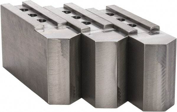 H & R Manufacturing - 16 to 20" Chuck Capacity, 3/32 x 90° Serrated Attachment, Square Soft Lathe Chuck Jaw - 3 Jaws, Steel, 1-9/16" Btw Mount Hole Ctrs, 9" Long x 2-1/2" Wide x 5" High, 1" Groove - Americas Industrial Supply