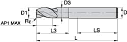 Kennametal - 0.984", 3 Flute, Single End, Solid Carbide, Corner Radius End Mill - 135mm OAL, 45° Helix, Right Hand Flute, 37.5mm LOC, Right Hand Cut, 75mm Extended Reach - Americas Industrial Supply