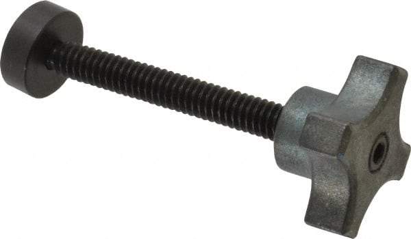 Made in USA - 1/4-20 Lobed Shoulder Swivel Pad Tip Steel Thumb Screw - 2-9/16" OAL, 1-1/8" Head Diam x 5/8" Head Height, Black Oxide Finish - Americas Industrial Supply