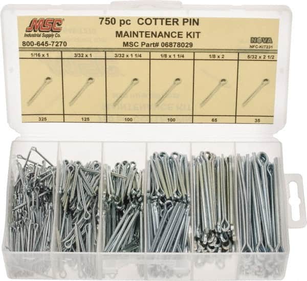 Value Collection - 750 Piece, 1/16 to 5/32" Pin Diam, Cotter Pin Assortment - 1 to 2-1/2" Long, Steel - Americas Industrial Supply