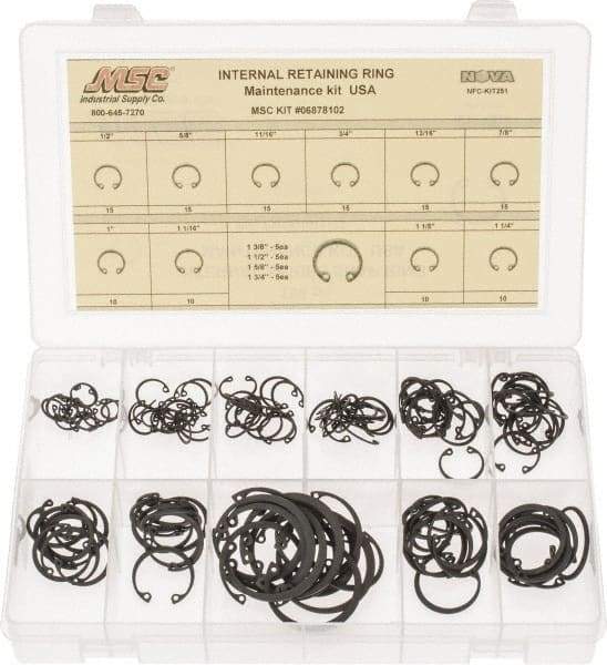 Made in USA - 150 Piece, 1/2 to 1-3/4", SpRing Assortment Steel, Snap Internal Retaining Ring Assortment - Includes Compartmented Case - Americas Industrial Supply