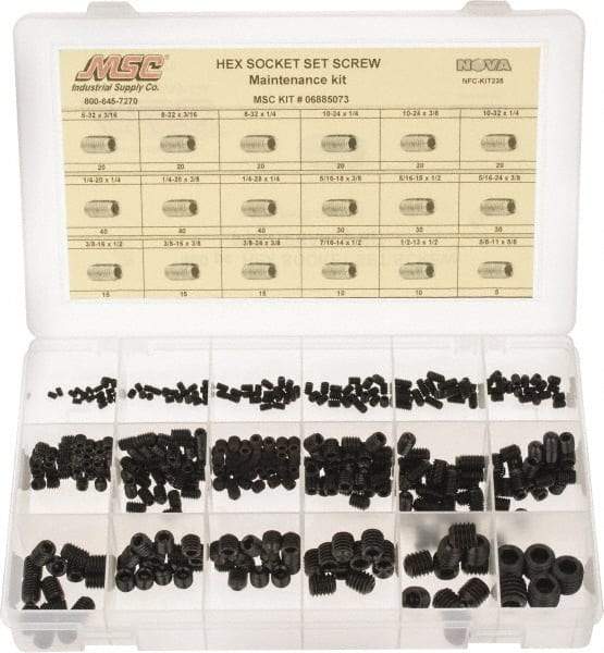 Value Collection - 400 Piece, #6-32 to 5/8-11, Steel Set Screw Assortment - Hex Head, Hex Socket Drive, 3/16 to 5/8" Long - Americas Industrial Supply