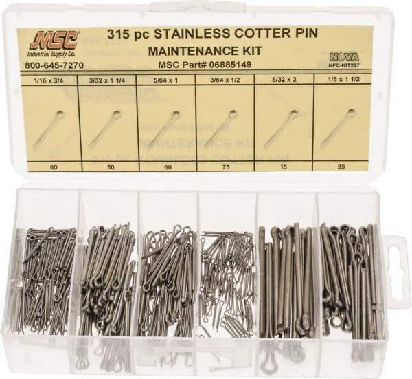 Value Collection - 315 Piece, 1/16 to 1/8" Pin Diam, Cotter Pin Assortment - 3/64 to 5/32" Long, Stainless Steel - Americas Industrial Supply