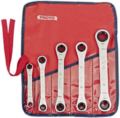 Proto - 5 Piece, 7mm to 17mm, 6, 12 Point Ratcheting Box Wrench Set - Metric Measurement Standard, Chrome Finish, Comes in Pouch - Americas Industrial Supply