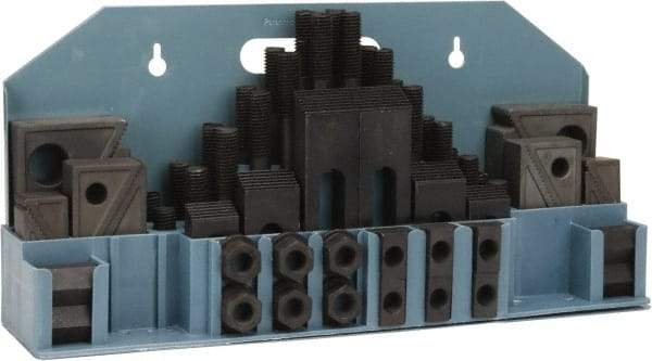 Value Collection - 52 Piece Fixturing Step Block & Clamp Set with 1" Step Block, 11/16" T-Slot, 5/8-11 Stud Thread - 1-1/8" Nut Width, 3, 4, 5, 6, 7 & 8" Stud Lengths - Americas Industrial Supply
