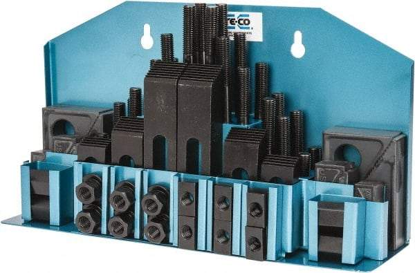 TE-CO - 52 Piece Fixturing Step Block & Clamp Set with 1" Step Block, 1/2" T-Slot, 3/8-16 Stud Thread - 7/8" Nut Width, 3, 4, 5, 6, 7 & 8" Stud Lengths - Americas Industrial Supply