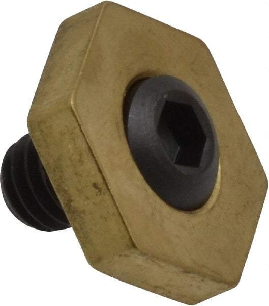 Mitee-Bite - 13/16" Brass Hex, 5/16-18 Stud Thread, Symmetrical Hex Clamp - 3/16" Hex Height, 800 Lb Holding Force, Hardened Steel Stud, 15/32" Long Thread, 8.3 Ft/Lb Torque, 12 Clamps - Americas Industrial Supply