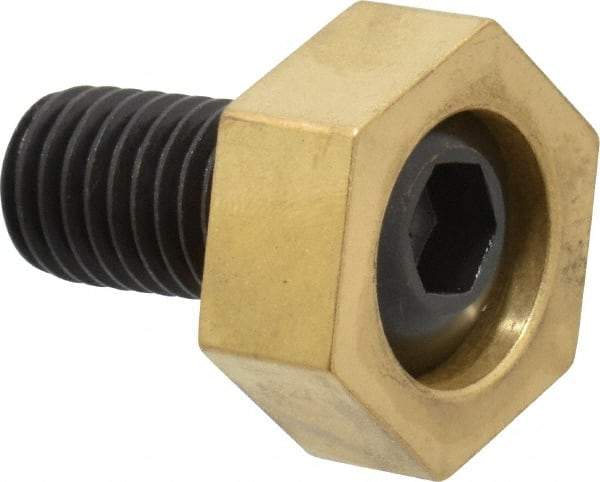 Mitee-Bite - 1-3/16" Brass Hex, 5/8-11 Stud Thread, Symmetrical Hex Clamp - 1/2" Hex Height, 6,000 Lb Holding Force, Hardened Steel Stud, 1-1/8" Long Thread, 100 Ft/Lb Torque, 4 Clamps - Americas Industrial Supply