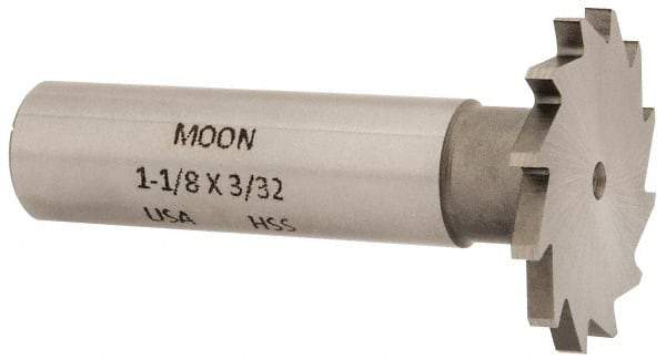 Made in USA - 1-1/8" Diam x 3/32" Face Width, High Speed Steel, 16 Teeth, Shank Connection Woodruff Keyseat Cutter - Uncoated, 2-3/16" OAL x 1/2" Shank, Straight Teeth - Americas Industrial Supply