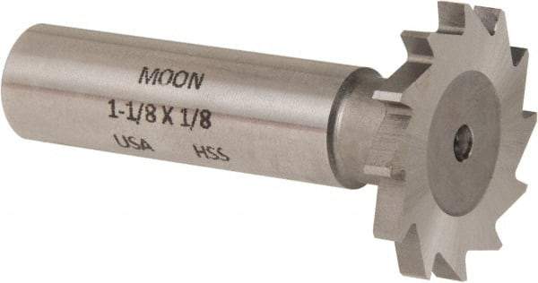Made in USA - 1-1/8" Diam x 1/8" Face Width, High Speed Steel, 16 Teeth, Shank Connection Woodruff Keyseat Cutter - Uncoated, 2-3/16" OAL x 1/2" Shank, Straight Teeth - Americas Industrial Supply