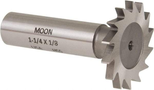 Made in USA - 1-1/4" Diam x 1/8" Face Width, High Speed Steel, 18 Teeth, Shank Connection Woodruff Keyseat Cutter - Uncoated, 2-3/16" OAL x 1/2" Shank, Straight Teeth - Americas Industrial Supply