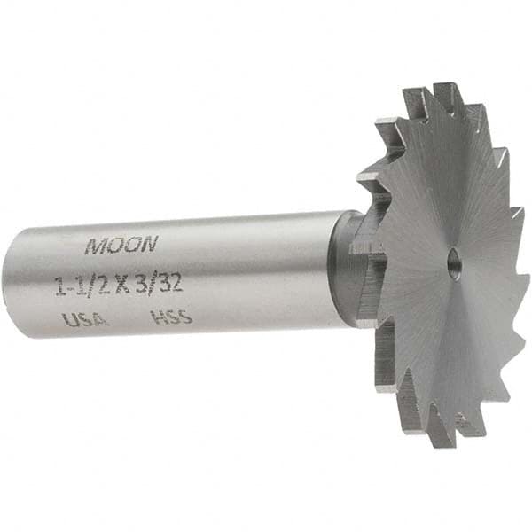Made in USA - 1-1/2" Diam x 3/32" Face Width, High Speed Steel, 20 Teeth, Shank Connection Woodruff Keyseat Cutter - Uncoated, 2-1/4" OAL x 1/2" Shank, Straight Teeth - Americas Industrial Supply
